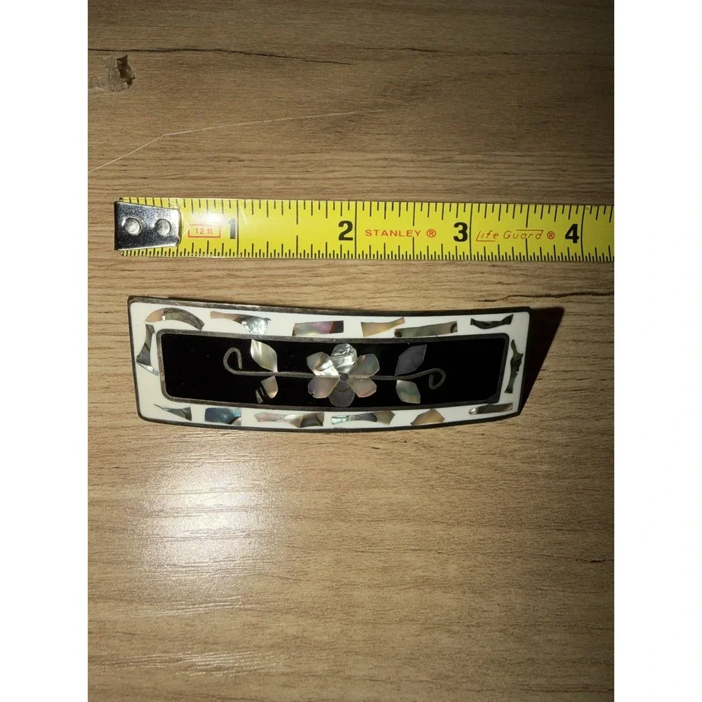Vintage Alpaca Mexico Inlay Mother of Pearl Abalone Hair Barrette